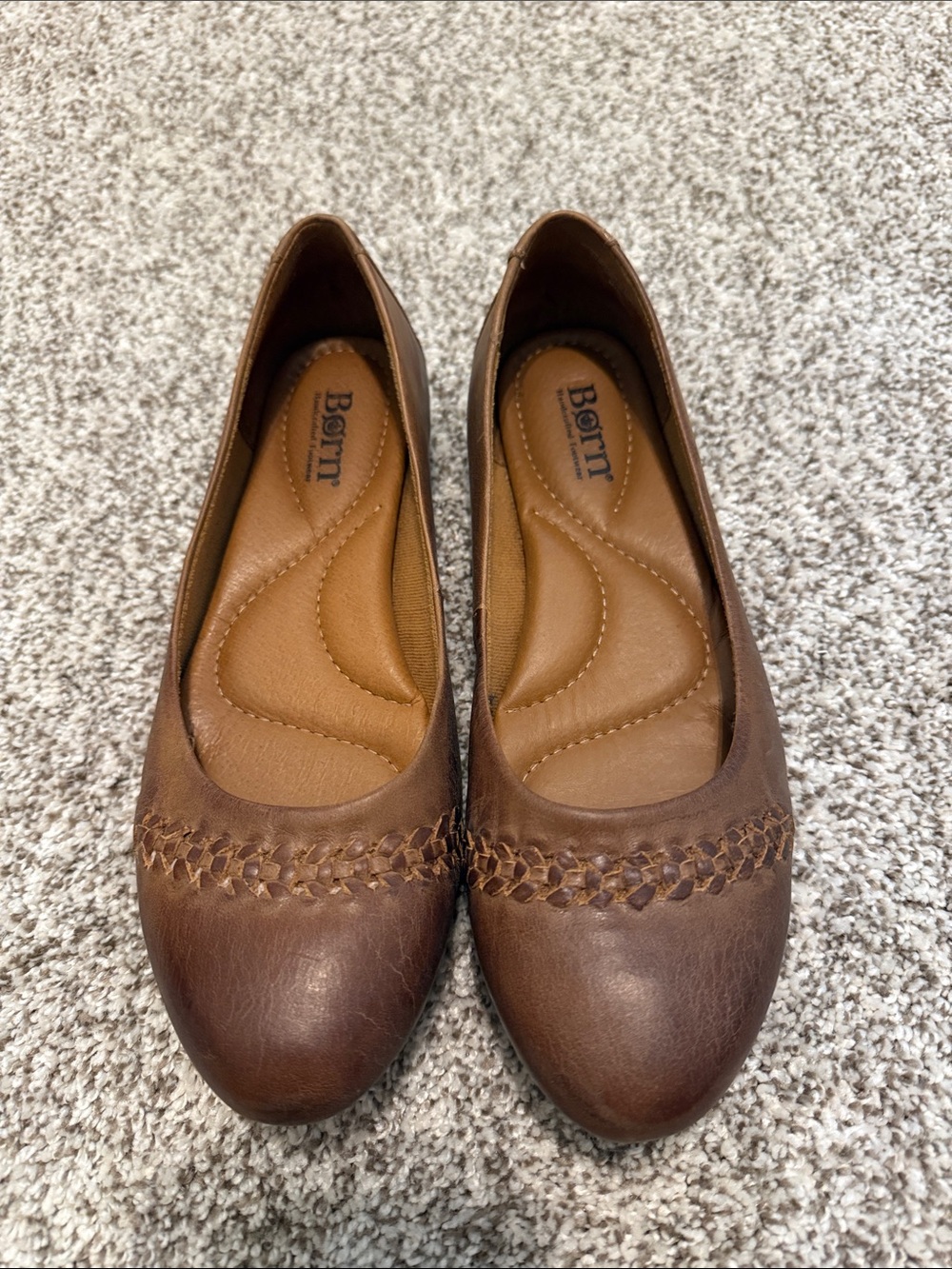 Born Brown Leather Woven-Trim Ballet Flats